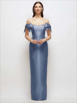 Powder blue satin column maxi dress with off-the-shoulder bows and straight skirt