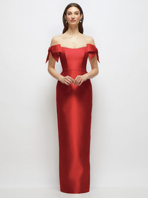 Red satin column maxi dress with off-the-shoulder bows and straight column skirt