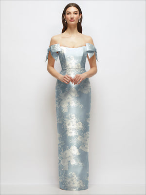 Porcelain-blue satin column maxi dress with off-shoulder neckline and floral print
