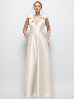 Ivory satin ball gown with deep V-neck and shoulder bows, front view.