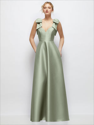Satin ball gown with deep V-neck and shoulder bows, sage green