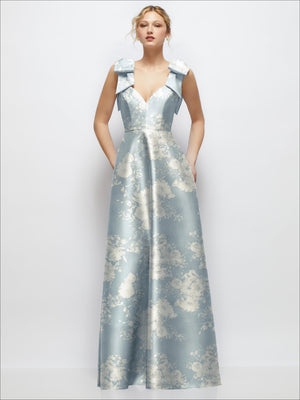 Deep V-neck floral satin ball gown with shoulder bows, light blue, sleeveless