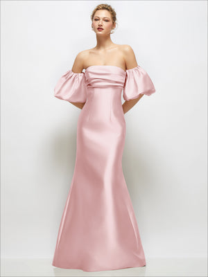 Pink satin off-shoulder maxi dress with puff sleeves, fitted waist, and flare