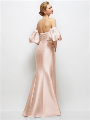 Blush satin off-shoulder maxi dress with puff sleeves and flared skirt