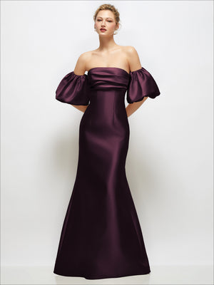 Deep plum satin off-shoulder maxi dress with gathered neckline and puff sleeves