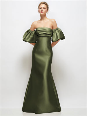 Olive green off-shoulder satin maxi dress with puff sleeves and flared skirt