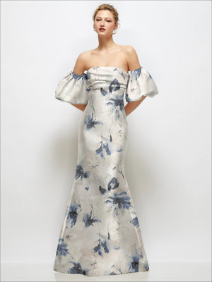 Off-shoulder floral satin maxi dress with blue floral on light base, puff sleeves