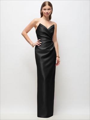 Black strapless satin column maxi dress with asymmetrical drape and side slit