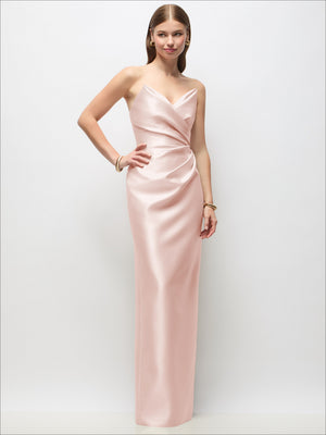 Blush pink strapless asymmetrical draped satin column maxi dress with ruched bodice