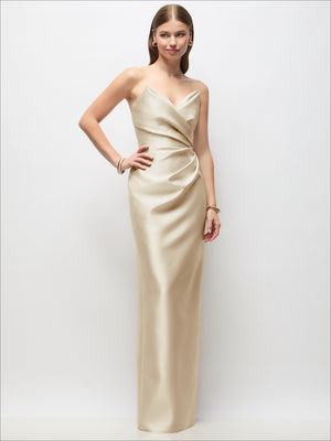 Ivory satin strapless column maxi dress with asymmetrical draped sweetheart top