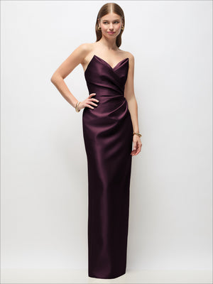 Plum satin strapless column maxi dress with asymmetrical draped bodice