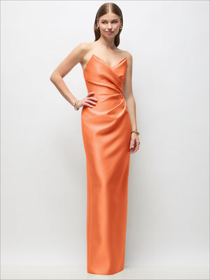 Orange satin column maxi dress, strapless asymmetric draped sweetheart bodice