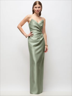 Sage green satin strapless maxi dress with asymmetrical draped bodice and smooth column fit