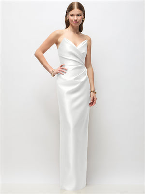 White strapless satin column maxi dress with asymmetrical draped bodice and slit
