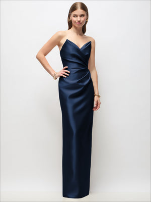 Navy strapless draped satin column maxi dress with twisted drape and side slit