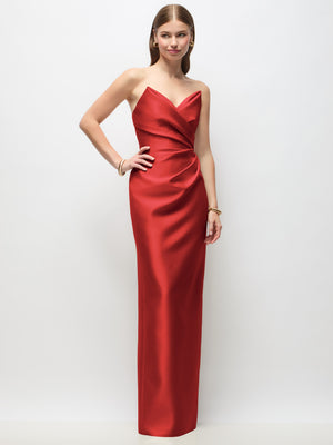 Red strapless asymmetrical draped satin column maxi dress with side ruching