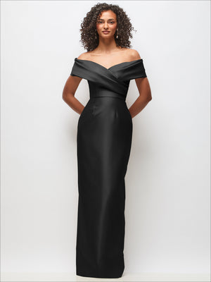 Black off-the-shoulder satin column maxi dress with draped wrap neckline and long straight fit
