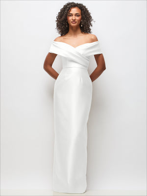 Ivory off-the-shoulder satin column maxi dress with draped neckline and straight fitted silhouette