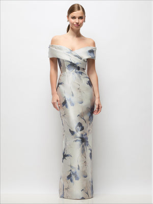 Draped wrap off-the-shoulder satin maxi dress, light base with blue floral print