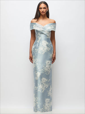 Draped wrap off-the-shoulder satin column maxi dress, light blue floral print