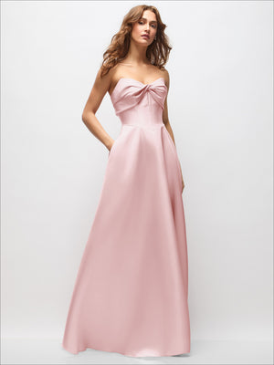 Strapless satin maxi dress in blush pink with bow-twist bust and full, flowing skirt
