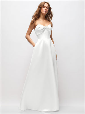White satin strapless maxi dress with twisted bust bow, basque waist, full A-line skirt