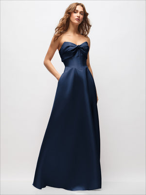 Dark navy strapless satin maxi dress with sweetheart neckline and knotted bust