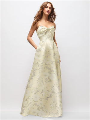Satin strapless maxi dress in pale yellow with delicate floral print and twist bodice