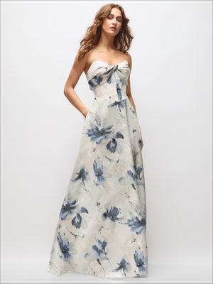 Cream and blue floral strapless satin maxi dress with twisted sweetheart neckline and full skirt