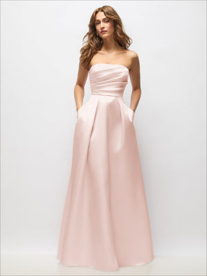 Satin strapless maxi dress in blush pink with hand-pleated bodice and full skirt