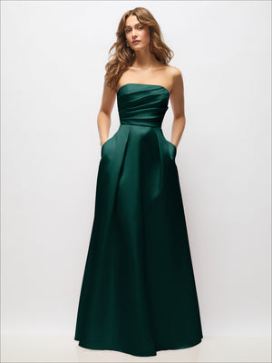 Deep green strapless satin maxi dress with fitted bodice and full pleated skirt