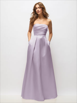 Lavender strapless satin maxi dress with gathered bodice and full pleated skirt.