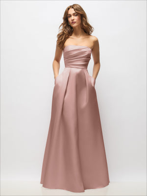 Blush pink strapless satin maxi dress with hand-pleated bodice and full pleated skirt