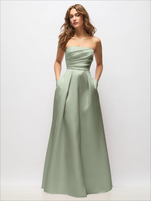 Strapless satin maxi dress in muted sage green with pleated bodice and full skirt