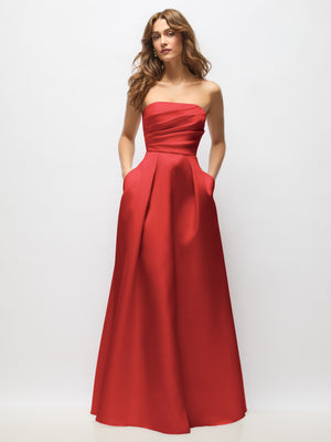 Red strapless satin maxi dress with draped bodice and full hand-pleated skirt.