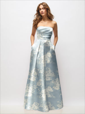 Light blue floral strapless satin maxi dress with ruched bodice and gathered skirt