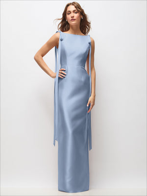 Light blue satin column maxi dress with bateau neckline and draped bow-tail straps