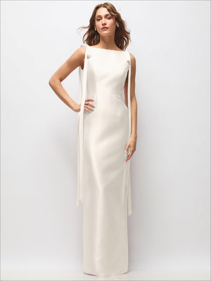 White satin column maxi dress with bateau neckline and long bow-tail shoulder straps