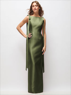 Olive satin column maxi dress with sleeveless V-neck and long tail bow straps, front view