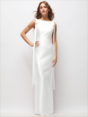 White satin column maxi dress with bateau neckline and long tie straps at the sides