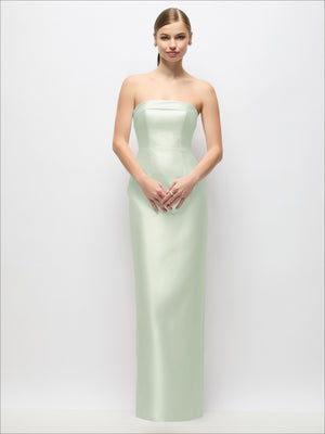 Pale green strapless satin maxi dress with fitted column skirt and back bow detail