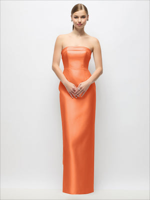 Orange strapless satin maxi dress with fitted bodice and column skirt, back bow detail