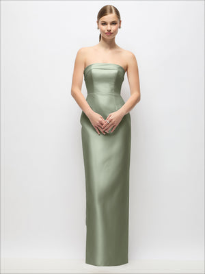 Gray-green strapless satin maxi dress with fitted bodice and column skirt, back bow detail