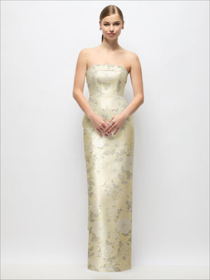 Cream strapless satin maxi dress with allover floral print, fitted column silhouette.