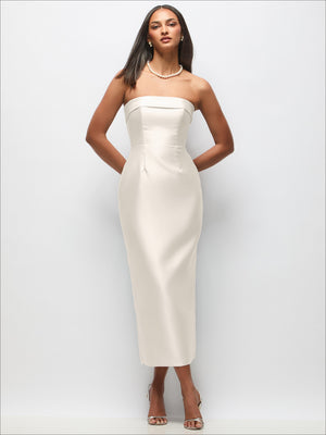 Cream strapless satin midi dress with cuffed neckline and column skirt