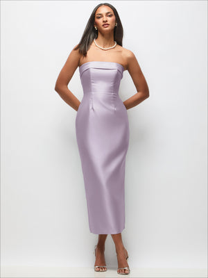 Strapless satin midi dress with back bow, lavender column skirt