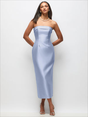 Light blue strapless satin midi dress with cuff top and fitted column skirt
