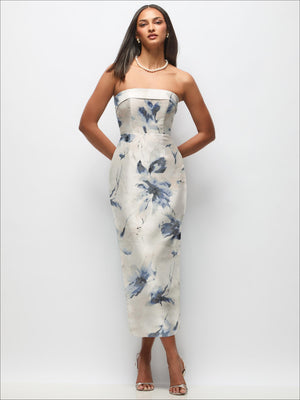 Strapless cream floral satin midi dress with fitted bodice and column skirt