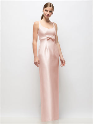 Blush satin column maxi dress with scoop neck and empire waist bow