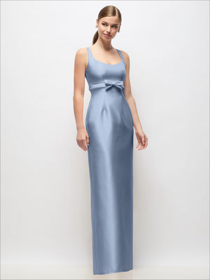 Light blue satin scoop neck maxi column dress with empire waist bow and wide shoulder straps